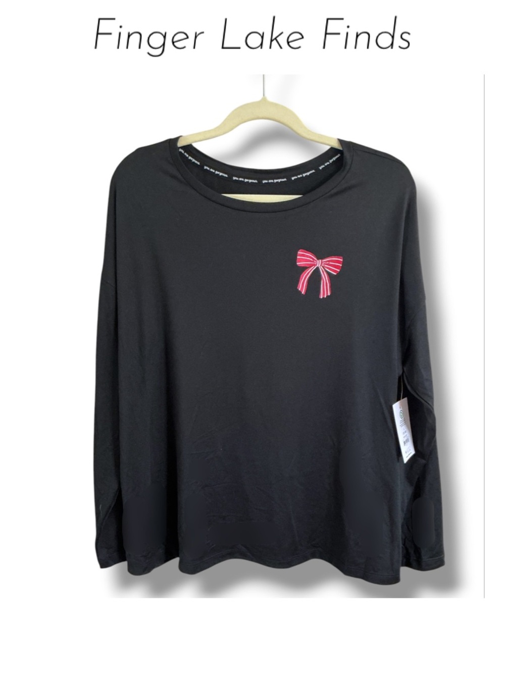 Joyspun Women’s Black Pajama Top with Red Bow Motif, L